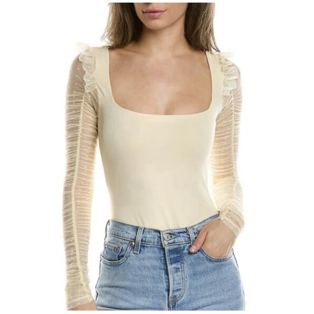 Intimately Free People Must Be Love Ruffle Dot Mesh Sleeve Ivory Bodysuit Small